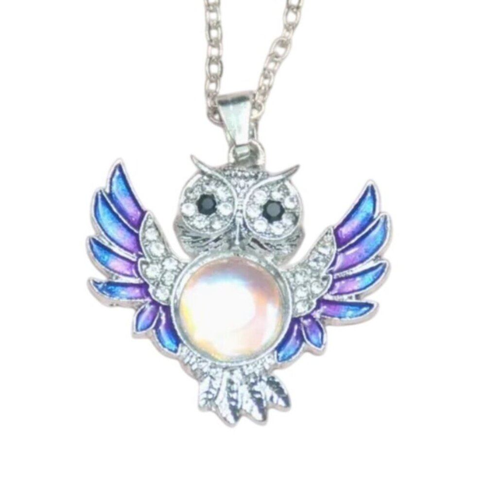 Colorful Crystal & Enamel Necklace Silver Tone Owl Pendant